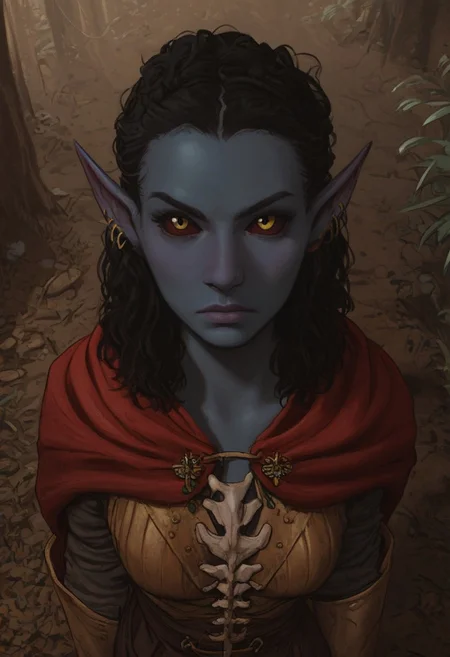 solo, short pointy ears, piercings, nord woman, random elf face, aquiline features, dark elf, weathered skin, large nose, animated realism, Syrian features, torso, subterranean, glowing mushrooms, mushroom forest, cave enviroment, large cavern, gloomy lighting, ancient ruins, interior, dark soil floor ,grey-blue skin, scarlet and gold clothes, medium armor, bone plate armor, ivory straps and fittings, grey wood neckguard, dark red sclera, black pupils, distant mushroom forest, blue-green light, neon, highly detailed, defined features, looking at viewer, three quarters view, from above, dynamic lighting, 36 years old, light and shadows, patterned cloth, determined expression, expressive eyes, detailed medieval clothes, medium_breasts, medium hair, wavy hair, thick hair, beaded hair, braided hair, under cut hair, semirealistic, alien elf, spanish features, jewish features, black hair, dark red hair, umber skin, sharp features, red persian print cloak, nighttime, high detail, absurdres, pretty eyes, detailed eyes, yellow eyes,
