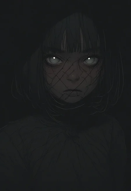 zPDXL3, sinozick style, flat color, dark theme,1girl, 25 years old, perfect face, looking at viewer, cute, petite, 
dark eyes, 
bob cut, inverted bob, black hair,
black clothes, witch robes, [witch hat], strapless dress, [holding candle],
science fiction, city, (neon, green glow), dynamic lighting,
blush, [annoyed], 
portrait, face focus, detailed face,