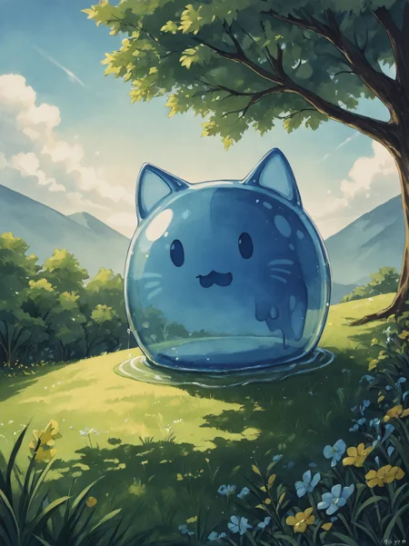 watercolor_effect, ((blue translucent see-through cat, animal focus, no humans)), dappled_sunlight, scenery, slime_(substance), slime_(creature)
<lora:Simlish-000007 (1):1> <lora:Anime Summer Days 2 Style SDXL_LoRA_Pony Diffusion V6 XL:0.8>
