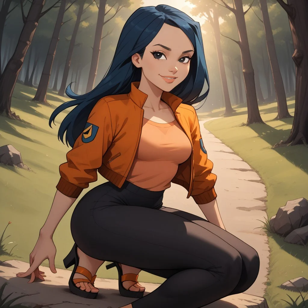 score_9, score_8, BREAK, solo, red jacket, 1girl, orange shirt, leggings, heeled sandals, navy blue hair, black eyes, lips, breasts, total drama, Emma_(Total_Drama), tdtrr, long hair, sexy pose, smile, outdoors, sunlight, shadows, evening lighting, natural lighting, forest, trees, grass, orange sky, sunset