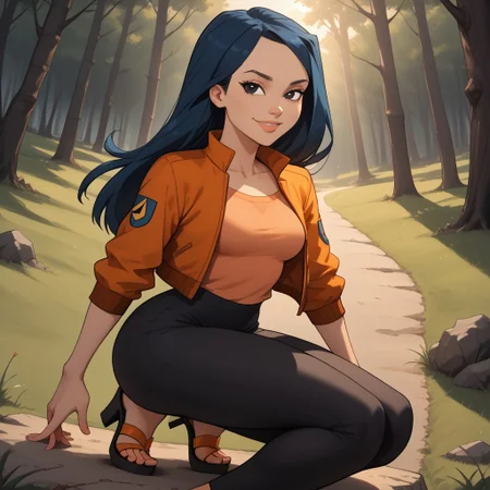 score_9, score_8, BREAK, solo, red jacket, 1girl, orange shirt, leggings, heeled sandals, navy blue hair, black eyes, lips, breasts, total drama, Emma_(Total_Drama), tdtrr, long hair, sexy pose, smile, outdoors, sunlight, shadows, evening lighting, natural lighting, forest, trees, grass, orange sky, sunset