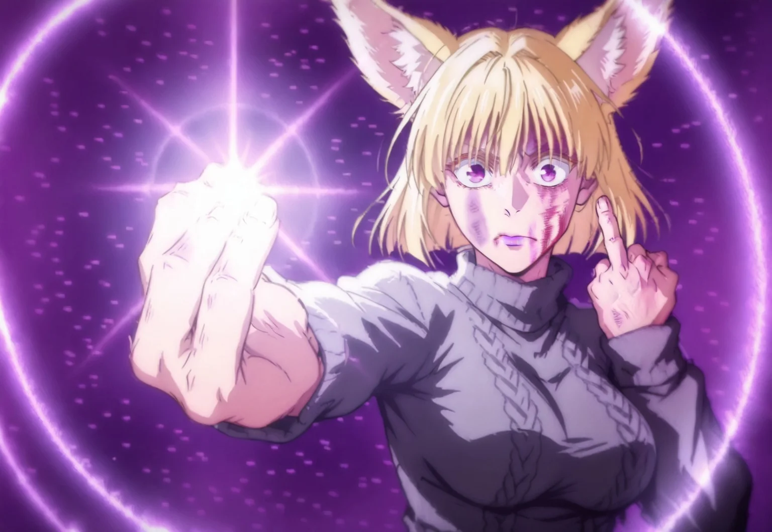 safe_pos, masterpiece, best quality, 1girl, blonde, bob cut, fennec ears, purple eyes, makeup, purple lips, eyeshadow, large breasts, aran sweater, gray sweater, gojofacing2, 1girl/1boy, bruise on face, blood on face, frown, upper body, hand up, looking at viewer, closed mouth, purple background, magic, energy ball, incoming attack, diffraction spikes, middle finger with other hand