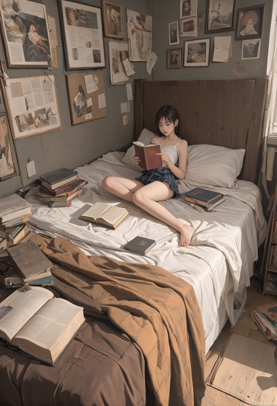 ,ruanyi1364,book,bedroom,indoors,bed,<lora:1364 book_v1_pony:1>, score_9,score_8_up,score_7_up,,8k,solo,,