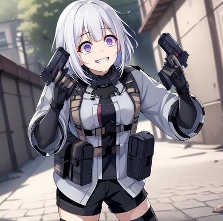<lora:RPK-16_Girls_Frontline:1> white hair, short hair, bangs, purple eyes, rpk16, gray jacket, black gloves black shorts, black thighhighs, boots, pouches, solo <lora:Eyes_High_Definition:1> eyeshd, high gradient eyes, detailed eyes, high definition eyes,   <lora:DanielRadcliffeHoldingTwoGunsMeme_pdxl_Incrs_v1:1> handgun, holding gun, holding weapon, dual wielding, finger on trigger, smile, grin, crazy eyes, suburb setting, dutch angle