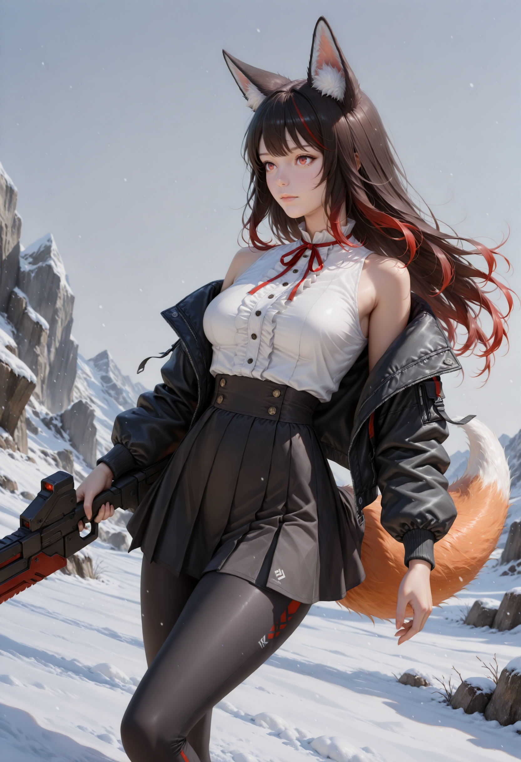 Highly detailed, Realistic, 1girl, animal ears, weapon, leggings, tail, multicolored hair, red eyes, breasts, solo, fox ears, incoming attack, jacket, fox tail, holding weapon, skirt, animal ear fluff, borrowed character, holding, closed mouth, black hair, Medium breasts, shirt, black jacket, red hair, long sleeves, fox girl, sleeveless, ribbon, black skirt, white shirt, center frills, open clothes, open jacket, brown hair, sleeveless shirt, long hair, simple background, gradient hair, high waist skirt, streaked hair, from the side, glacier, snow, wide angle shot absurdres, highly-detailed, best quality, masterpiece, very aesthetic,
 <lora:spo_sdxl_10ep_4k-data_lora_webui:0.6> <lora:NOOB_vp1_detailer_by_volnovik_v1:0.5>