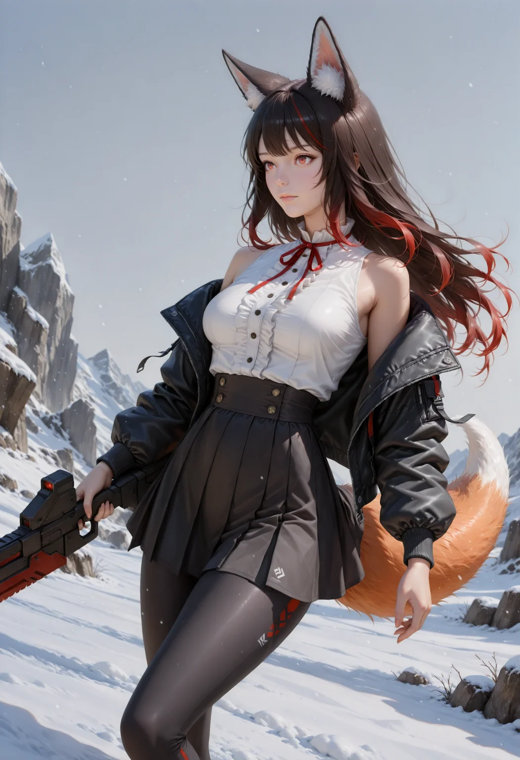 Highly detailed, Realistic, 1girl, animal ears, weapon, leggings, tail, multicolored hair, red eyes, breasts, solo, fox ears, incoming attack, jacket, fox tail, holding weapon, skirt, animal ear fluff, borrowed character, holding, closed mouth, black hair, Medium breasts, shirt, black jacket, red hair, long sleeves, fox girl, sleeveless, ribbon, black skirt, white shirt, center frills, open clothes, open jacket, brown hair, sleeveless shirt, long hair, simple background, gradient hair, high waist skirt, streaked hair, from the side, glacier, snow, wide angle shot absurdres, highly-detailed, best quality, masterpiece, very aesthetic,
 <lora:spo_sdxl_10ep_4k-data_lora_webui:0.6> <lora:NOOB_vp1_detailer_by_volnovik_v1:0.5>