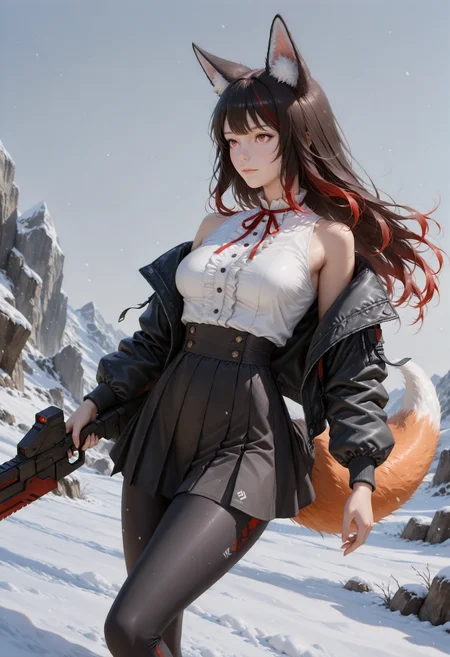 Highly detailed, Realistic, 1girl, animal ears, weapon, leggings, tail, multicolored hair, red eyes, breasts, solo, fox ears, incoming attack, jacket, fox tail, holding weapon, skirt, animal ear fluff, borrowed character, holding, closed mouth, black hair, Medium breasts, shirt, black jacket, red hair, long sleeves, fox girl, sleeveless, ribbon, black skirt, white shirt, center frills, open clothes, open jacket, brown hair, sleeveless shirt, long hair, simple background, gradient hair, high waist skirt, streaked hair, from the side, glacier, snow, wide angle shot absurdres, highly-detailed, best quality, masterpiece, very aesthetic,
<lora:spo_sdxl_10ep_4k-data_lora_webui:0.6> <lora:NOOB_vp1_detailer_by_volnovik_v1:0.5>