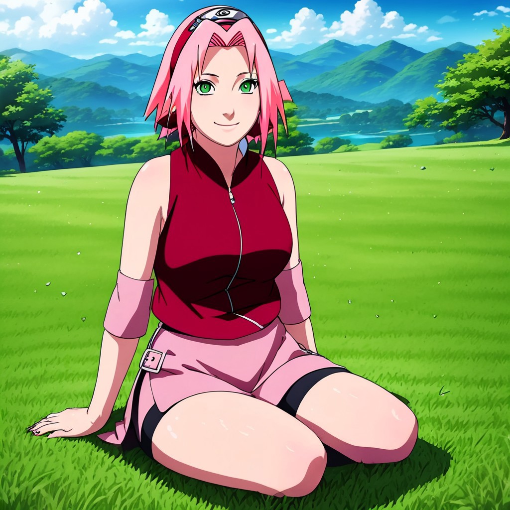 A hot , sexy pciture of Sakura Haruno sitting on the grass with a naughty teasing smile ; forehead mark and green eyes ; beautiful scenery