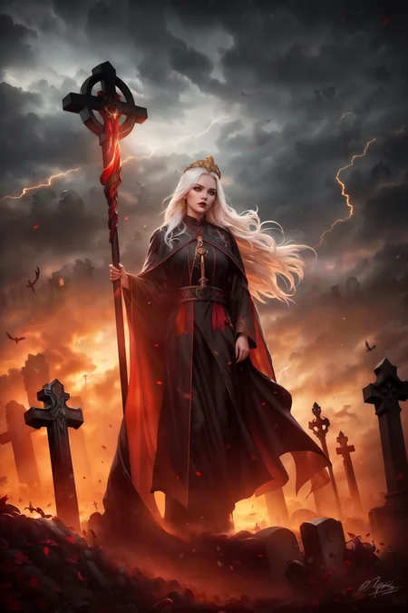 (masterpiece, best quality), 1girl close up, full body, holding staff, long white hair, ornate, eyeshadow, black and red priest robe, strong wind, tiara, embroiderie, <lora:FantasyCleric:0.7> fancle, cape, photo, professional light, low saturation, storm sky, dirty framing, dramatic lighting, <lora:Darkness:0.8> Darkness, tombstones, centered composition, golden hour