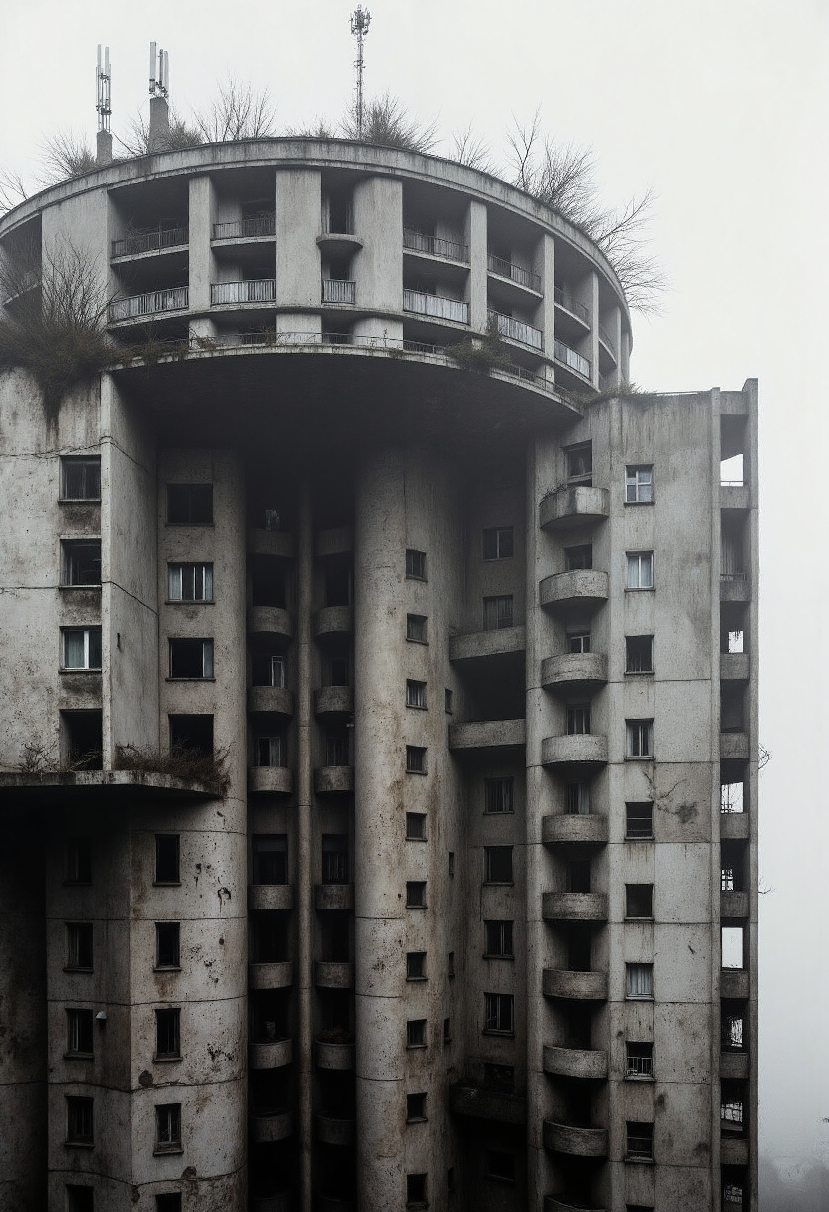 A brutalist tall building lost in the jungle. Its walls are moldy and decayed, and in some places the facade has fallen. Some antennas are visible on the top of the building but they are covered by intertwining ivy.