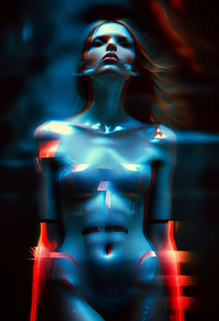 (real life, woman floating in space, seductively  looking at the viewer, clean brick red environment, grim style, horror lens effect, jarring optical effect, layered effects, dark shadows, hazy, grainy:1.2), (full body, a woman looking aroused and eager, shocked, dark space, dark natural natural colors, HDR, 5mm:1.2), (glitch art by (Hans Feurer:1.1) and (Roe Ethridge:1.2)), glowing blue on black, hints of yello, dynamic pose