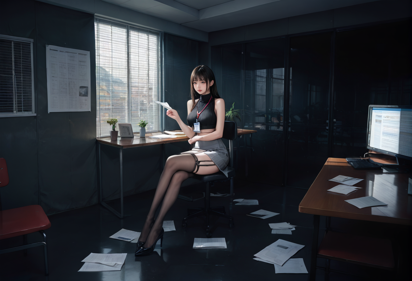 ,ruanyi0943,blinds,indoors,paper,
,ruanyi0897,black thighhighs,garter straps,turtleneck,id card,lanyard,grey skirt,crop top,black sleeveless sweater,long skirt,chair,sitting,<lora:0943 Untitled_v1_pony:0.8>,<lora:0897 Home wear 3_v1_pony:0.7>, score_9,score_8_up,score_7_up,,8k,1girl,solo,,