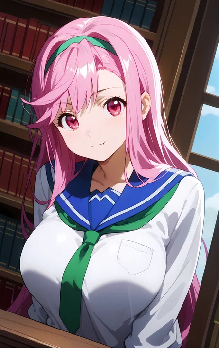 (score_9, score_8_up, score_7_up), standing, leaning forward, looking at viewer, light smile, closed mouth, shiny skin, tight clothes,
ohwx, 1girl, solo, pink_hair, long_hair, hairband, pink_eyes, red eyes, heart, fang, fang_out, breasts, large_breasts,
school_uniform, serafuku,
library,
cowboy shot, dutch angle, close-up,
<lora:shiria_ootsuka_pony_ss:1>