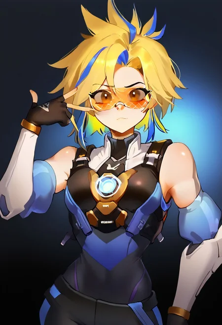 score_9, score_8, score_7_up solo BREAK
1girl, BREAK medium breasts, seductive look,by yuio, <lora:yuio_style_PONYXL:1>,<lora:Mizah_style:1>,<lora:J.K_Pony_test_v1:1>,
BREAK Tracerkpop , Tracer (overwatch),looking at viewer,blush,<lora:Lord_Moku:1> BREAK v over eye,backhand BREAK neonSDXL,1girl,solo,blue hair,yellow hair,multicolred hair,gloves,bare shoulders,brown eyes,detached sleeves,black gloves,elbow gloves,belt,pants,fingerless gloves,streaked hair,black pants,silver bandaid,bandaid on face,olive skin,bandaid on nose