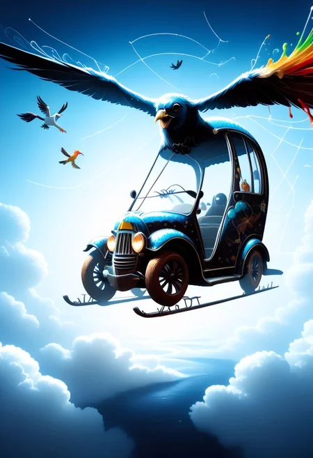 ppstorybook, A whimsical, flying van made of shingles with rainbow-colored paint and oversized wheels, soaring through the clouds with balloons made of shingles trailing behind, surrounded by fluffy clouds made of shingles and playful birds made of shingles , depicted in a cheerful, cartoonish style with soft pastel hues. mad-shingles