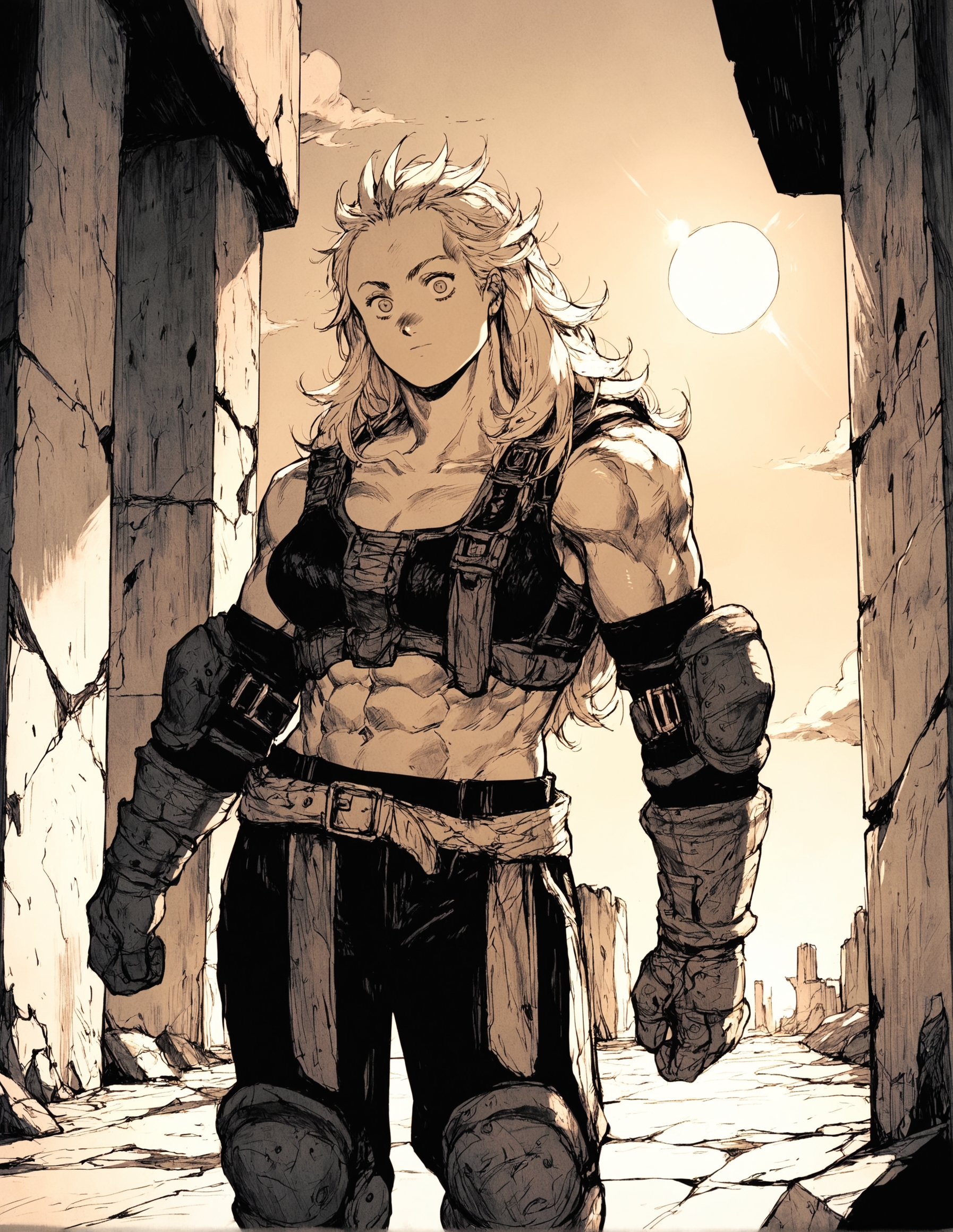 score_9, score_8_up, score_7_up,score_6_up,high resolution,qhayastyle,monochrome,greyscale,noi,long hair,white hair,muscular female,1girl,ruins,rim lighting,sunny,sun,day,dof,solo,pov,front view,standing,arm on hip,jacket,elbow pads,knee pads,gloves,upper body,belt