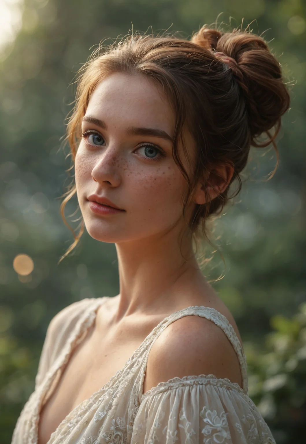 safe_pos, score_9, score_8_up, score_7_up, masterpiece, high quality, hyper realistic, 8k, detailed face, detailed eyes, (warm colors, bokeh, Natural skin, Freckles) BREAK 

cowboy shot, upper body shot, tall very skinny supermodel looking softly at the viewer, cute face, elegant nose, blonde or ginger or brown or black hair, gentle curls, hair held up in ponytail or in loose bun, fashionable clothing with a hint of innocence and grace, side view,

perfect lighting