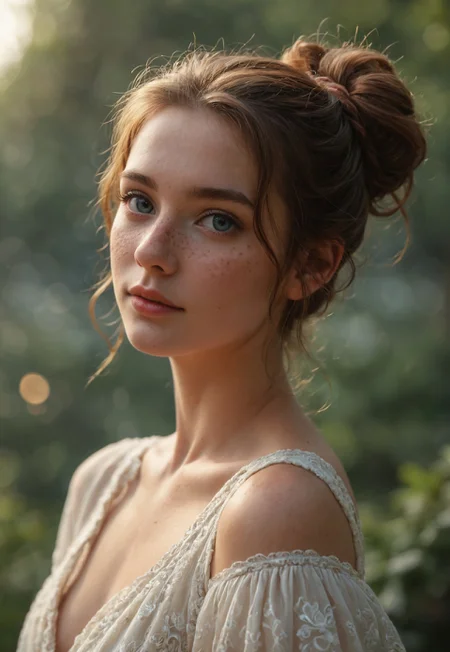 safe_pos, score_9, score_8_up, score_7_up, masterpiece, high quality, hyper realistic, 8k, detailed face, detailed eyes, (warm colors, bokeh, Natural skin, Freckles) BREAK 

cowboy shot, upper body shot, tall very skinny supermodel looking softly at the viewer, cute face, elegant nose, blonde or ginger or brown or black hair, gentle curls, hair held up in ponytail or in loose bun, fashionable clothing with a hint of innocence and grace, side view,

perfect lighting