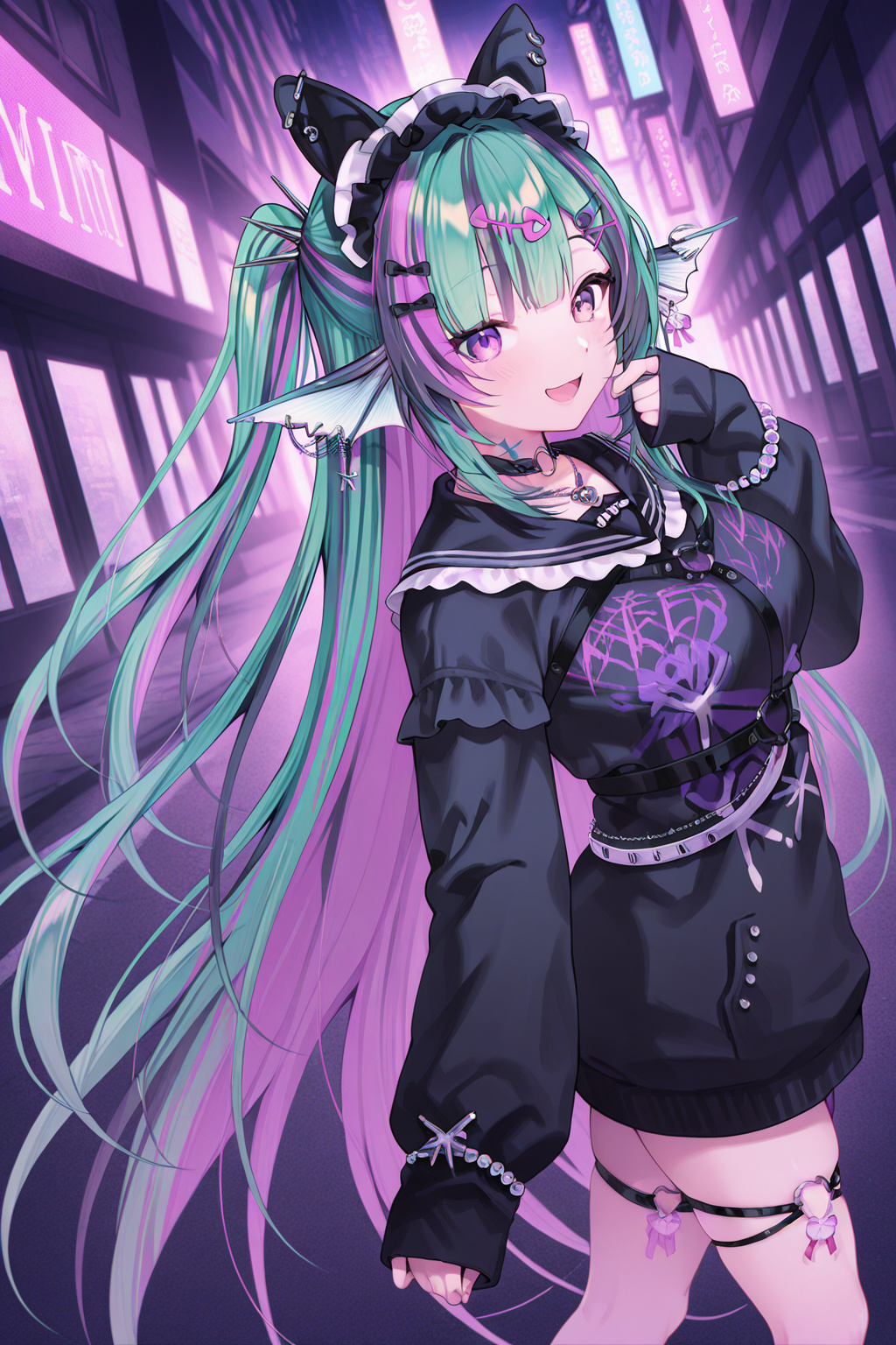 1girl, FinanaRyuguNijisanji, 
general, solo, perspective, dynamic angle, from side,
purple eyes, large breasts, 
jirai kei, 
hair bow, shell hair ornament, piercing,
hairband, 
fish hair ornament, heart o-ring,
hairclip, x hair ornament,
earrings, 
neck tattoo, o-ring choker, necklace,
black sailor collar,
long sleeves, sleeves past wrists, bracelet, 
black dress, chest harness, black belt,
jewelry, thigh strap, bandaid,
looking at viewer. \:D, arms at sides, hands up,
shibuya, neon, street,
<lora:kp_FinanaRyuguNijisanji4thCostumeIllustrious_v1_0:1.0>,
masterpiece, best quality, amazing quality