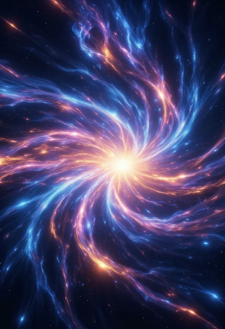 A cosmic scene - a colossal, swirling nebula in vivid blues, purples, and pinks, stretching across the night sky like a celestial tapestry. In the heart of the nebula, a radiant quasar pulses with dazzling energy, casting vibrant beams of light that pierce through the swirling colors.