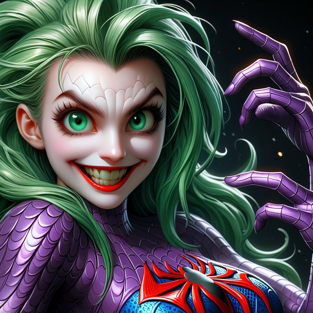 Scalebound SDXL(Concept)Mystic Lumina ((masterpiece, best quality)), illustration, digital painting, dfc, cinematic shot of a male (joker) (joker) as (spider man), 1girl, long green hair, large breast, official art, unity 8k wallpaper, ultra detailed, aesthetic, masterpiece, best quality, photorealistic, dark theme <lora:lowra_v10:0.5>  crazy smile, (open mouth) waist upt up