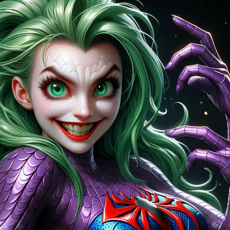Scalebound SDXL(Concept)Mystic Lumina ((masterpiece, best quality)), illustration, digital painting, dfc, cinematic shot of a male (joker) (joker) as (spider man), 1girl, long green hair, large breast, official art, unity 8k wallpaper, ultra detailed, aesthetic, masterpiece, best quality, photorealistic, dark theme <lora:lowra_v10:0.5> crazy smile, (open mouth) waist upt up