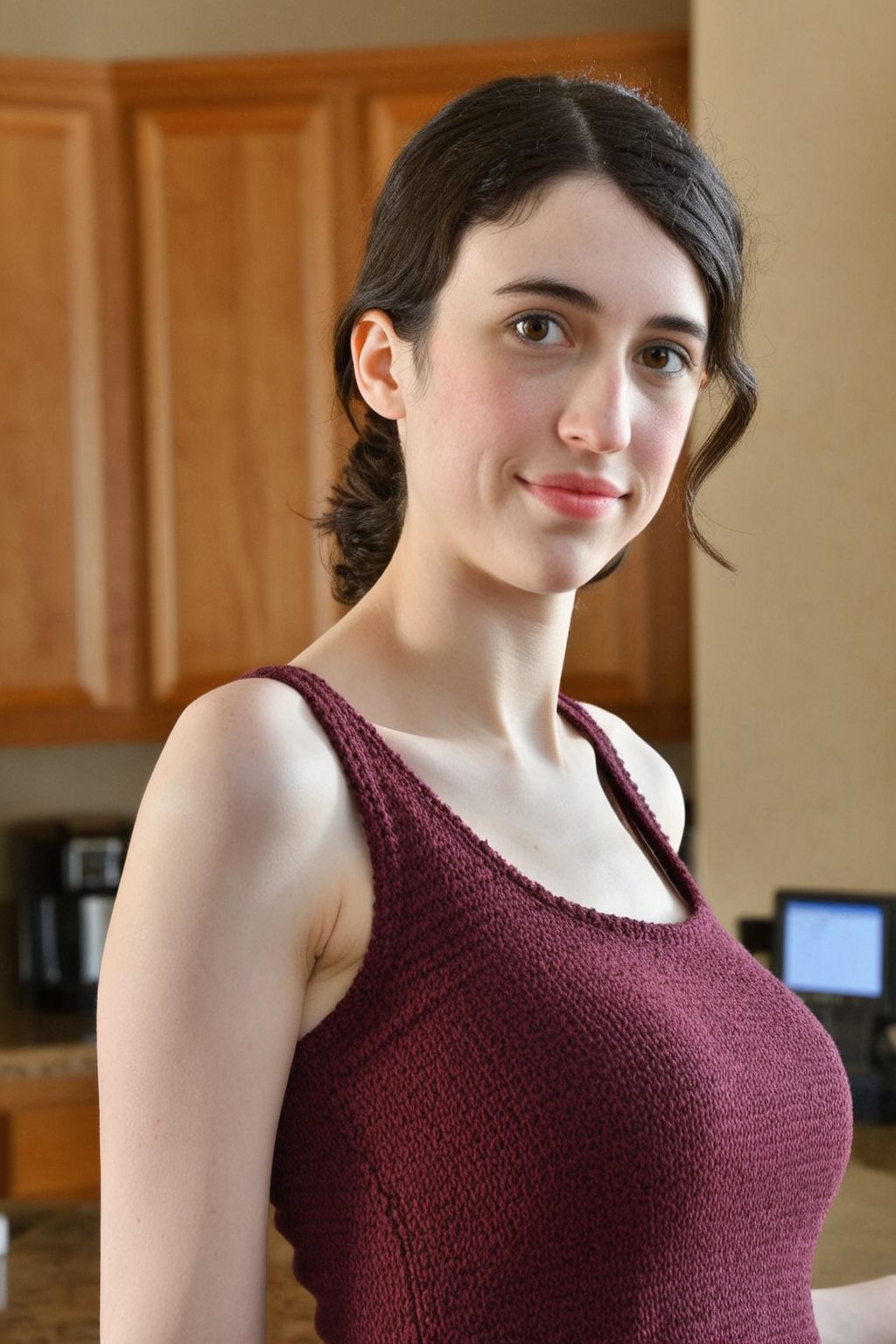 giuliawylde, 1girl, ((solo)), brown eyes, looking at viewer, standing, cowboy shot, knitted tank top, denim pants, casual pose, simple background, kitchen background, sparkling eyes, smile, cinematic lighting, photorealistic, ultra-sharp, detailed, professional photographer