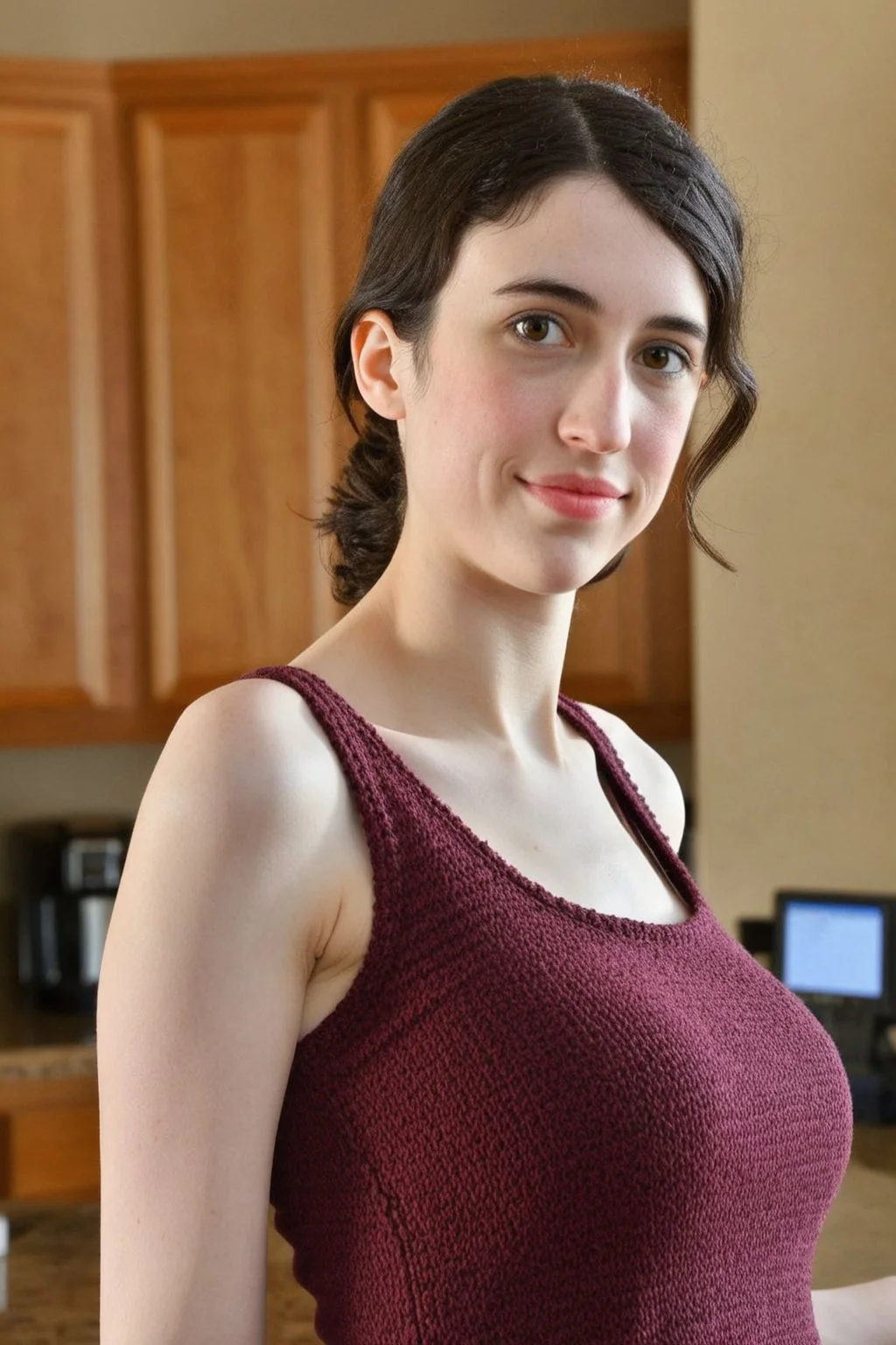 giuliawylde, 1girl, ((solo)), brown eyes, looking at viewer, standing, cowboy shot, knitted tank top, denim pants, casual pose, simple background, kitchen background, sparkling eyes, smile, cinematic lighting, photorealistic, ultra-sharp, detailed, professional photographer