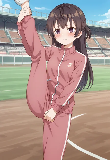 1girl, small breasts, 
track jacket, track pants,
standing, one leg up, embarrassed, blush,
track and field, 
<lora:3-in-1_Alya_Alisa_Mikhailovna_Kujou_Yuki_Suou_and_Maria_Mikhailovna_Kujou:0.8> Yuki (character), long hair, brown hair, purple eyes,, score_9, source_anime,