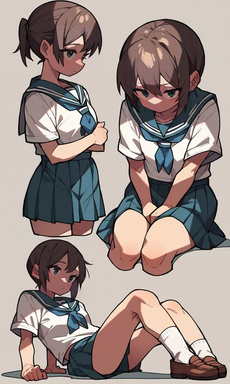 score_9, score_8_up, score_7_up, score_6_up, score_5_up, score_4_up, (source_anime),  <lora:[GP]Yaya hiyayaka style2 [Pony XL]:1.0>
1girl, school uniform, sitting, standing, lying, multiple views,