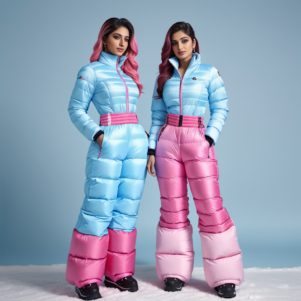 full body shot two pakistani women ,unique, wearing a babyblue and pink   puffer snowpants,corset unique hair styles, 8k uhd, dslr, high quality, photorealistic, realism, hyperrealism, bedroom scene
 <lora:snowpants_v1-000003:0.7>