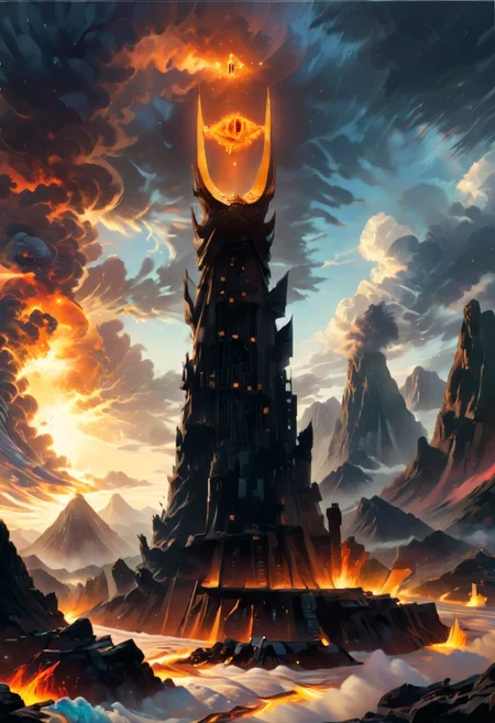((masterpiece, best quality)), high resolution, highly detailed, 32k picture, realistic, professional photo, cinematic, movie poster, flat colors, warm colors, SauronsTower,cloud, cloudy sky, mountain range, volcano