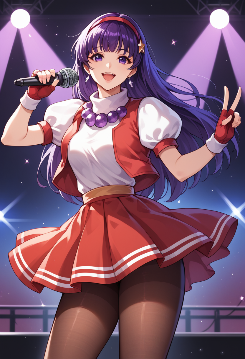 score_9, score_8_up, score_7_up, score_6_up, source_anime BREAK   <lora:Athena97:1>,  Athenakof97, long hair, purple hair, purple eyes, red hairband, pearl necklace, puffy sleeves, short sleeves, open vest, skirt, pantyhose, fingerless gloves,  looking at viewer, open mouth, stage, concert, stage lights, 1 girl,  solo, holding microphone, close-up,  upper body,