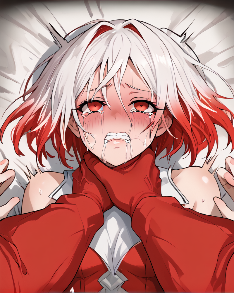 POV, ayre, red eyes, multicolored hair, red hair, white hair, red theme, <lora:Choking_for_Pony:1>choking, 1girl, blush, tears, craving sex <lora:Ayre_Armored_Core_6_FORPONY:1>