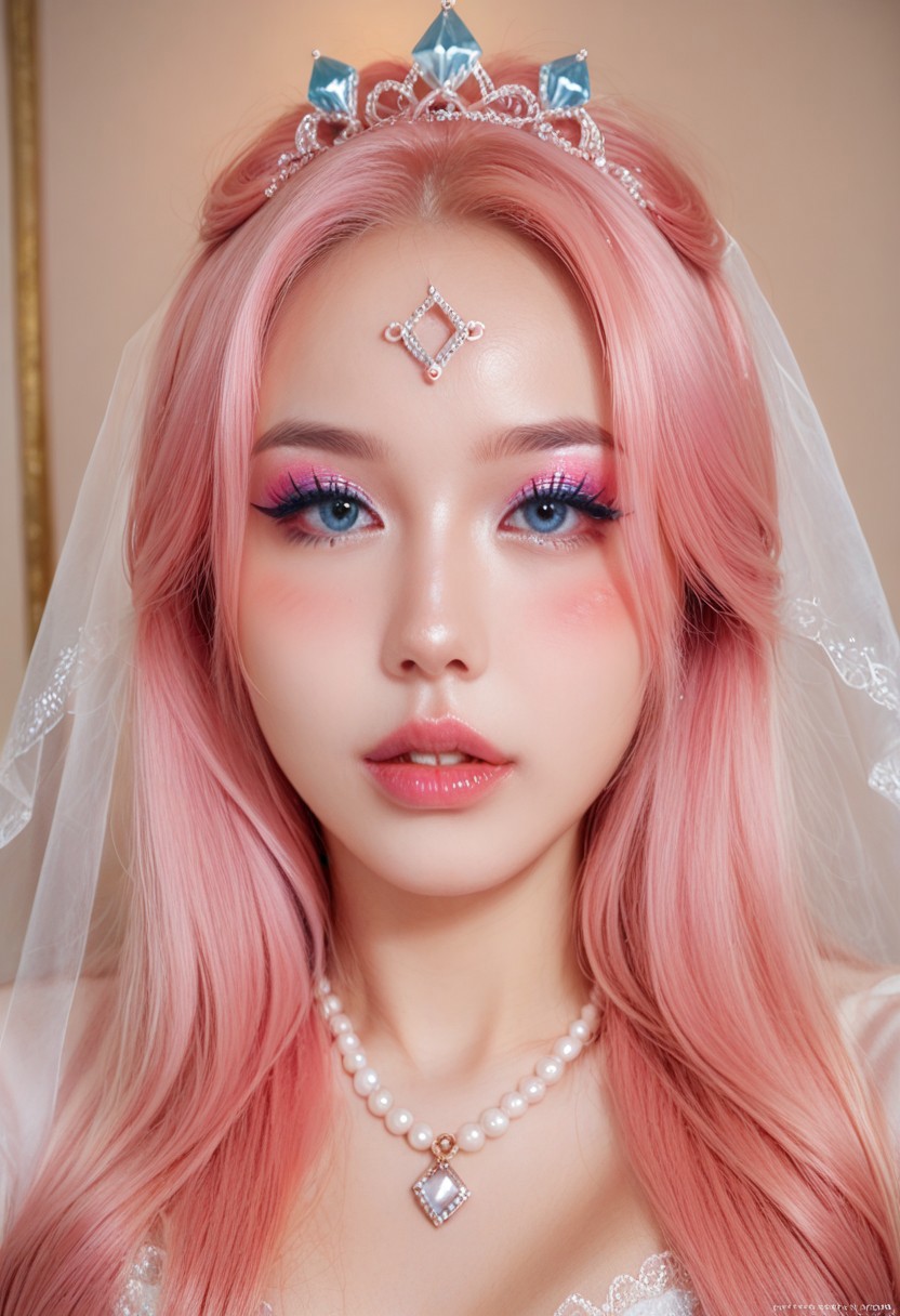 score_9, score_8_up, score_7_up,
ulzzang, ulzcrystal, 1girl, solo, long hair, looking at viewer, blush, blue eyes, hair ornament, jewelry, pink hair, parted lips, teeth, artist name, necklace, lips, eyelashes, makeup, tiara, gem, portrait, veil, eyeshadow, beads, realistic, forehead jewel, mascara, pearl (gemstone)