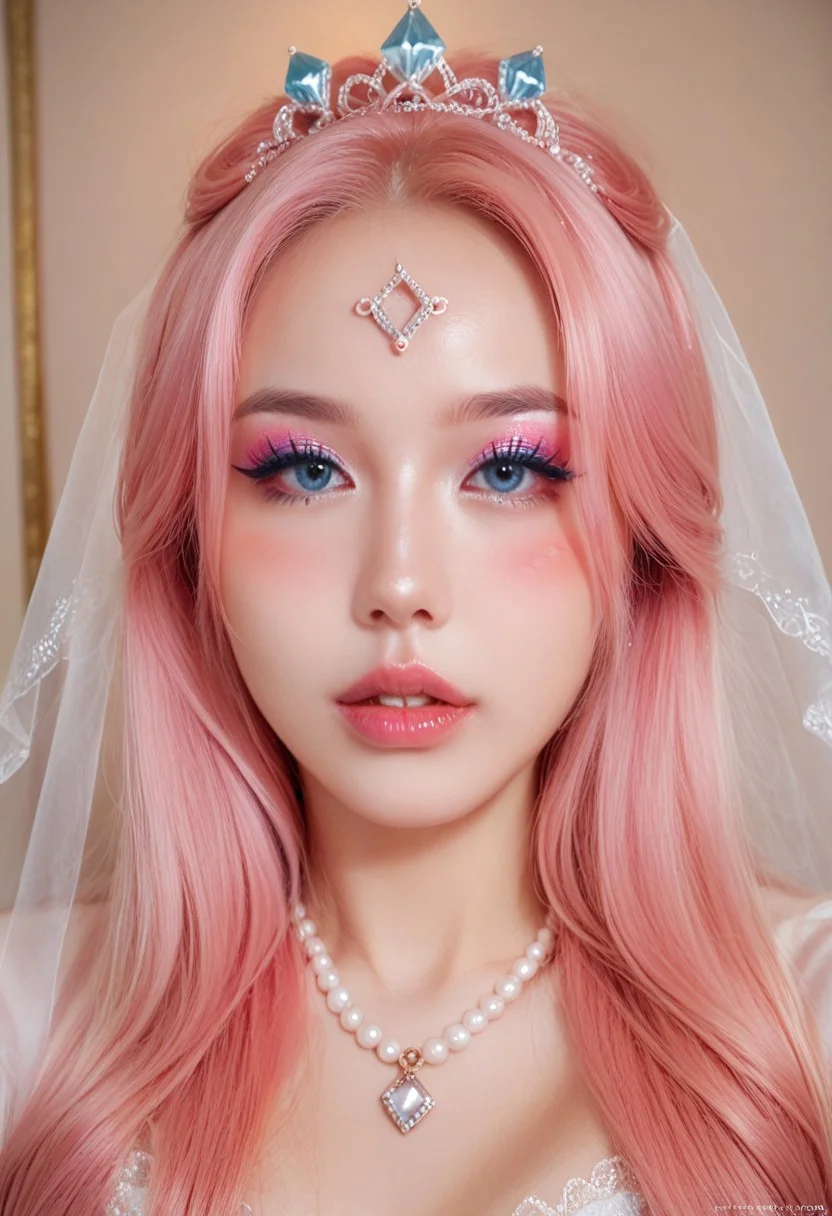 score_9, score_8_up, score_7_up,
ulzzang, ulzcrystal, 1girl, solo, long hair, looking at viewer, blush, blue eyes, hair ornament, jewelry, pink hair, parted lips, teeth, artist name, necklace, lips, eyelashes, makeup, tiara, gem, portrait, veil, eyeshadow, beads, realistic, forehead jewel, mascara, pearl (gemstone)