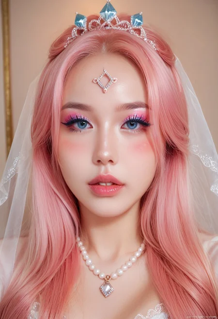 score_9, score_8_up, score_7_up,
ulzzang, ulzcrystal, 1girl, solo, long hair, looking at viewer, blush, blue eyes, hair ornament, jewelry, pink hair, parted lips, teeth, artist name, necklace, lips, eyelashes, makeup, tiara, gem, portrait, veil, eyeshadow, beads, realistic, forehead jewel, mascara, pearl (gemstone)