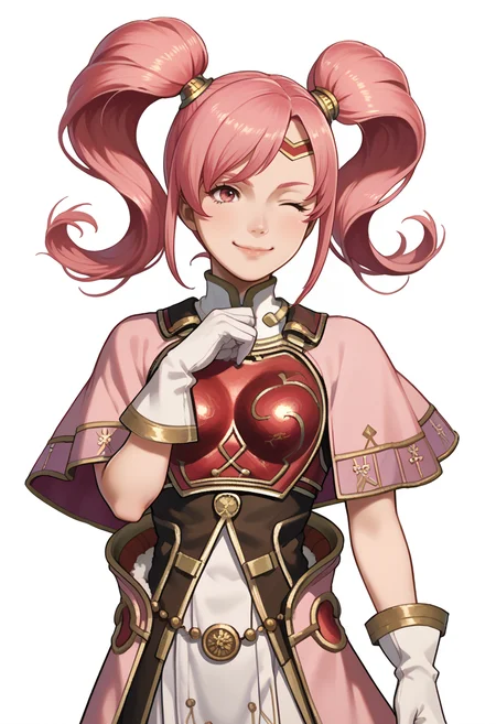 score_9, score_8_up, score_7_up, source_anime, 1girl, solo, smile, wink
<lora:zs_FEWarriorsPortraitsXL:1> fewarriorsportraits, portrait, white background
<lora:Mae-pdxl_Fp:1> maefe, twintails, pink hair, pink eyes, long hair, circlet, armor, breastplate, capelet, pelvic curtain, white gloves,