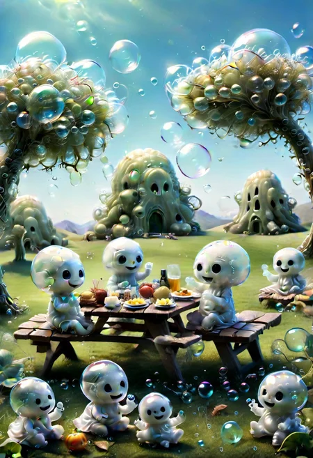 tiny little aliens having picknick with tiny cute llittle ghosts, made_of_bubbles