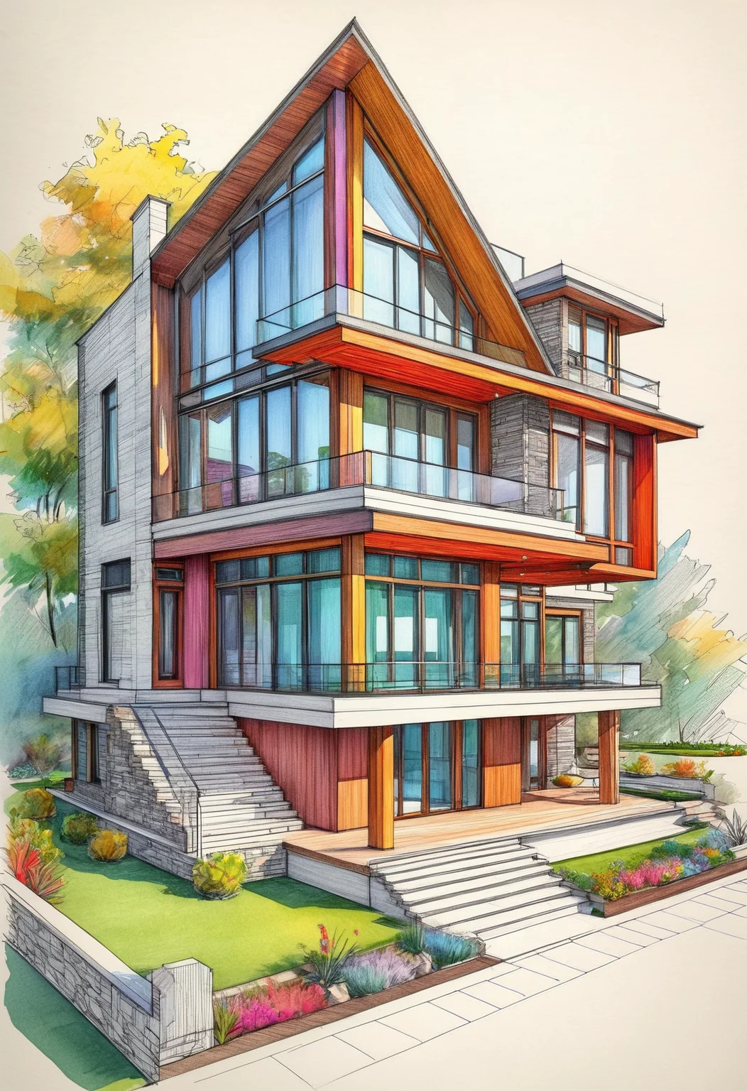 Pencil sketch, technical drawing, design for a new house, modern style, brilliant architecture, intricate details, 8k, masterpiece, colorful, rich vibrant colors