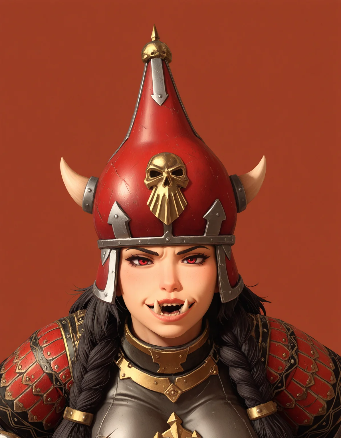 masterpiece, good quality, best quality, solo, 2d, anime, red background,
chorfwarrior, armor, mature female, solo, braids, helmet, red eyes, tusks, looking at viewer, naughty face, 
 <lora:ChaosDwarfWarrior_Vpred:0.7>