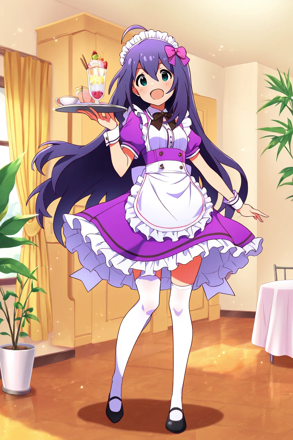 masterpiece,best quality,very aesthetic,absurdres,highres,newest,official art,official style,
1girl,solo,
mochizuki anna,purple hair,green eyes,ahoge,
purple dress,maid headdress,maid,
<lora:eye_focus_illus:1>,eye_focus,
standing,full body,
<lora:idolmaster_mochizuki_anna_ill_v1.0:1>,