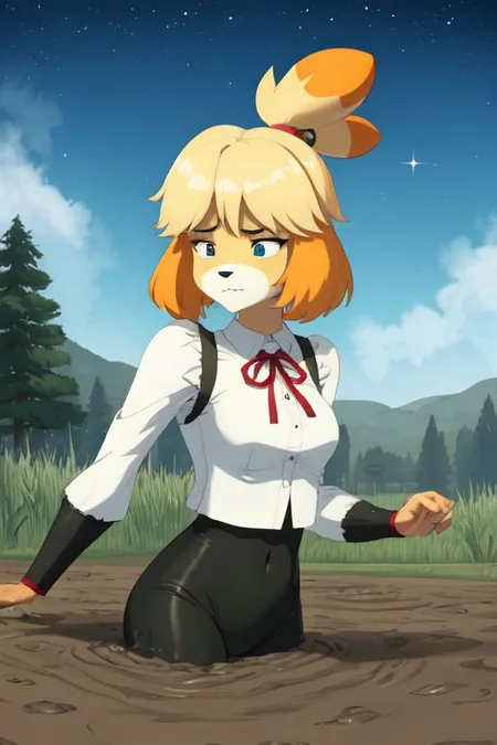 isabelle \(animal crossing\), (masterpiece, best quality:1.15), 1girl, solo, large breasts, high cheekbones, thick eyebrows, small mouth, looking to the side, leaning forward, adjusting clothes, tight leggings, crop top shirt, starry nights, long hair, twin short braids, scared, partially submerged, struggling, farmland bog, hand stuck in mud