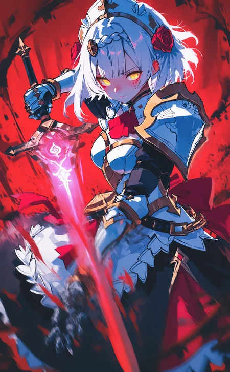 masterpiece, best quality, amazing quality, noelle \(genshin impact\), 1girl, solo, looking at viewer, short hair, hair ornament, holding, yellow eyes, braid, flower, weapon, sword, hair flower, holding weapon, armor, maid, maid headdress, rose, glowing, holding sword, gauntlets, red background,breastplate, motion blur, armored dress, braided bangs,
The eyes exude a sharp edge.anger, Cinematic Lighting,Depth Of Field,(Motion Blur:1.3),Blurred foreground, Karinami Inkblush mode,thick ink outlines,soft marker gradients,era 2020s indie illustration,(Inkblush style:1.2), <lora:noobai_ep11_stabilizer_v0.138_fp16:0.3> <lora:XXX667:0.6> <lora:lpc_v10:0.7> <lora:96YOTTEA-WAI:0.6> <lora:Karinami_Inkblush_mode_Illustrious_clean:0.6>