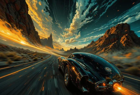 A sleek, shiny vintage car roars down a desolate highway, its form a silhouette against the breaking dawn. The road stretches endlessly, glowing with streaks of deep cobalt, vibrant gold, and shimmering teal that bleed into the sky, casting an ethereal glow over the surreal landscape. Directional light from the rising sun creates sharp contrasts, highlighting the swirling mist that clings to the ground and refracting into shimmering light particles suspended in the air.
The car’s headlights blaze through the haze, their beams carving bright trails that dissolve into the motion blur of its overdrive pace. The close-up view captures the car’s polished surface in exquisite detail, its chrome accents reflecting a kaleidoscope of shifting hues as if alive with energy. The road below blurs into streaks of motion lines, adding a visceral sense of speed and urgency, while the elongated shadows of the car dance across the cracked asphalt.
Above, the sky churns with vivid, surreal hues, swirling like molten glass, creating a striking juxtaposition against the gothic emptiness of the road. The haunting beauty of the dawn evokes a sense of transition—both an ending and a beginning—while the image’s vibrant colors and dynamic perspective immerse the viewer in a cinematic moment of raw, unrelenting motion.The entire scene exudes symbolism—speed, freedom, and the fleeting passage of time. The motion and vivid colors pull the viewer into a dreamlike, cinematic moment frozen in time.