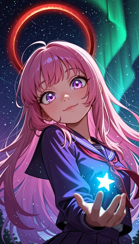 masterpiece, best quality, amazing quality, 4k, very aesthetic, high resolution, ultra-detailed, absurdres, newest, scenery, cartoon, toon, colorful, rim light, backlit, cosmic sky, aurora, chaos, fashion photography of busty cute girl, (cute:1.2), intense long pink hair, long hair, choppy bangs, nebulae cosmic purple eyes, rimlit eyes, dynamic pose, bokeh, purple serafuku with big red ribbon, red annular solar eclipse halo, perfect night, fantasy background, looking at viewer, light smile, glowing star in hand, (colorful light particles:1.2), (face focus:0.7), from below, dutch angle, upper body, head tilt, BREAK, detailed background, blurry foreground, depth of field, volumetric lighting