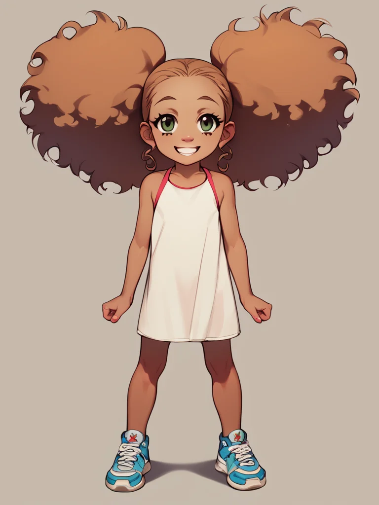score_6_up, score_7_up, score_8_up, score_9, masterpiece, perfect face, perfect hands, high quality,(1girl, solo,) child, full body, <lora:Jazmine_Dubiois_Boondocks_for_PonyXL:1> jazmine_dubois, dark skin, flat chest, twintails, long hair, big hair, happy, smile,|