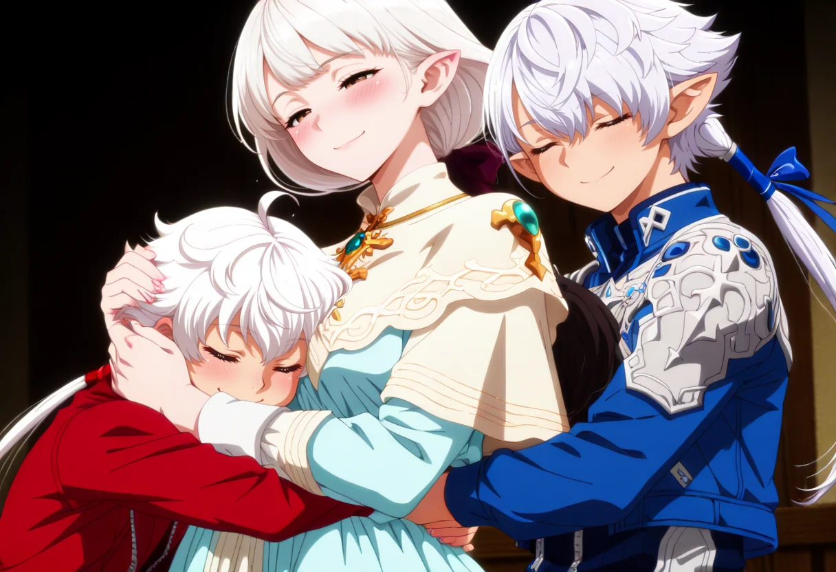 masterpiece, best quality, amazing quality, <lora:anime_screencap:1>, anime screencap, anime coloring, (vivid colors), 2girls, 1boy, hug BREAK alisaie_leveilleur, final_fantasy, red jacket, eyes closed, head against chest,
BREAK <lora:amelianceILv6:1>, ameliance, brown eyes, white hair, bow, ameliancedress, capelet, smile, blush, half opened eyes, pointy ears, mother, taller female BREAK 1boy, alphinaud_leveilleur, final_fantasy, eyes closed, smile, blue jacket, hugging, (shorter male),