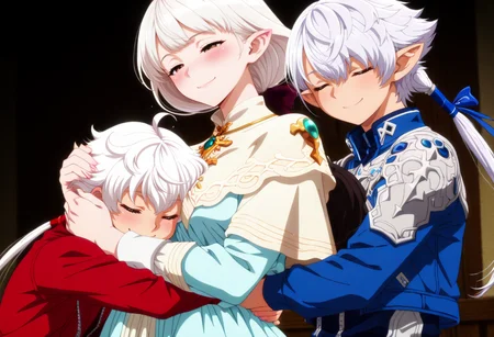 masterpiece, best quality, amazing quality, <lora:anime_screencap:1>, anime screencap, anime coloring, (vivid colors), 2girls, 1boy, hug BREAK alisaie_leveilleur, final_fantasy, red jacket, eyes closed, head against chest,
BREAK <lora:amelianceILv6:1>, ameliance, brown eyes, white hair, bow, ameliancedress, capelet, smile, blush, half opened eyes, pointy ears, mother, taller female BREAK 1boy, alphinaud_leveilleur, final_fantasy, eyes closed, smile, blue jacket, hugging, (shorter male),