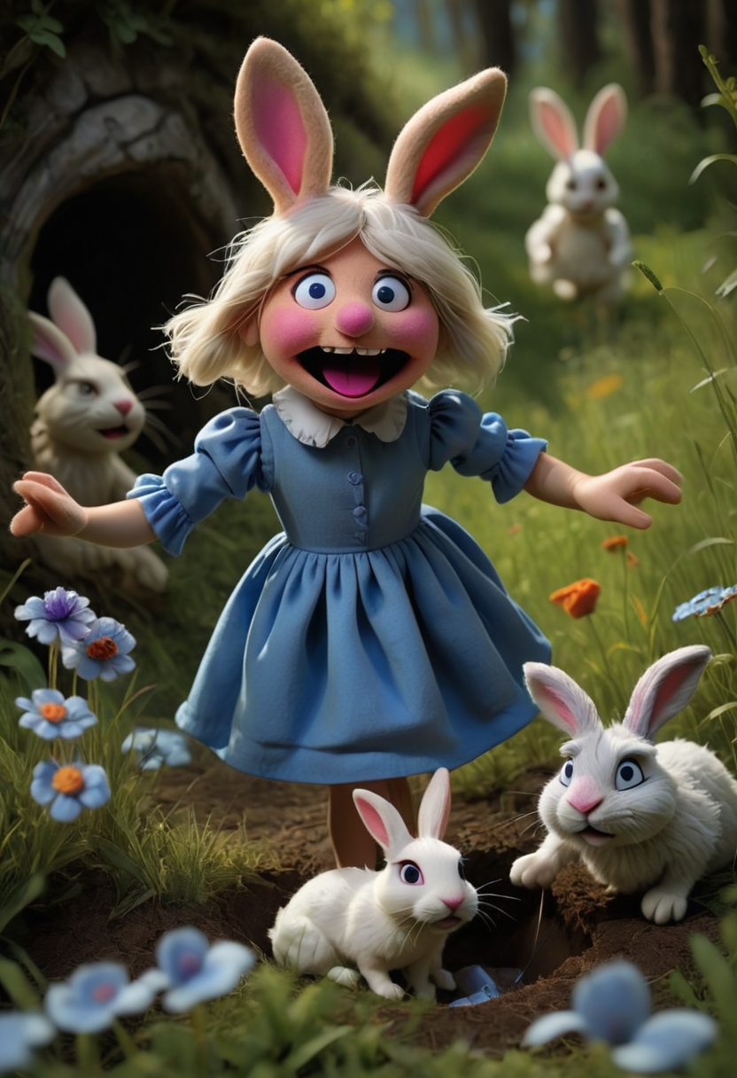 in a felt puppet world style,  In a serene meadow, a young girl in a blue dress follows a white rabbit down a hole, finding herself in a bizarre world filled with peculiar characters and mind-bending landscapes. <lora:Felt-Puppet-base-v1-000008:0.85>